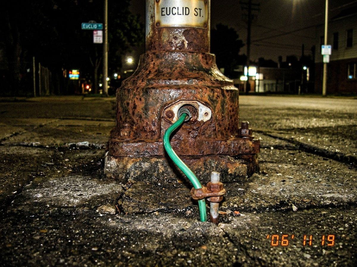 A close-up, slightly blurry photo of a rusted metal streetlamp base on Euclid street at night, with a visible green ground wire connected to the concrete, taken with a low-quality digital camera flash