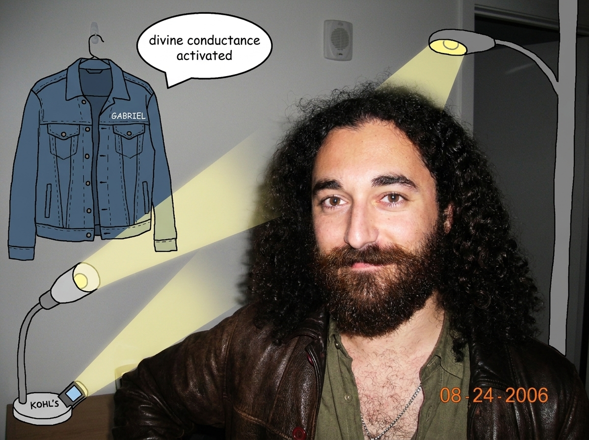 A crudely drawn MS Paint-style image of a denim jacket hanging next to a Kohl's desk lamp, both casting phone flashlight beams toward a streetlamp socket. The jacket has 'GABRIEL' written on the back in Comic Sans. There's a speech bubble from the jacket saying 'divine conductance activated'.