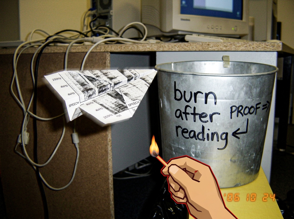 A meme-style image of a tiny paper airplane made of crumpled spectrogram printouts, mid-flight toward a trash bin labeled 'burn after reading' with a lit match held by a cartoon hand in the foreground. The trash bin has 'PROOF =>' written on it in Sharpie.