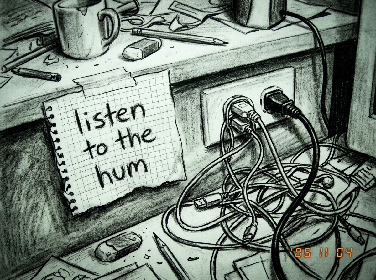a close-up charcoal drawing of a messy desk with a tangled wire hooking into a socket and a note that says 'listen to the hum'
