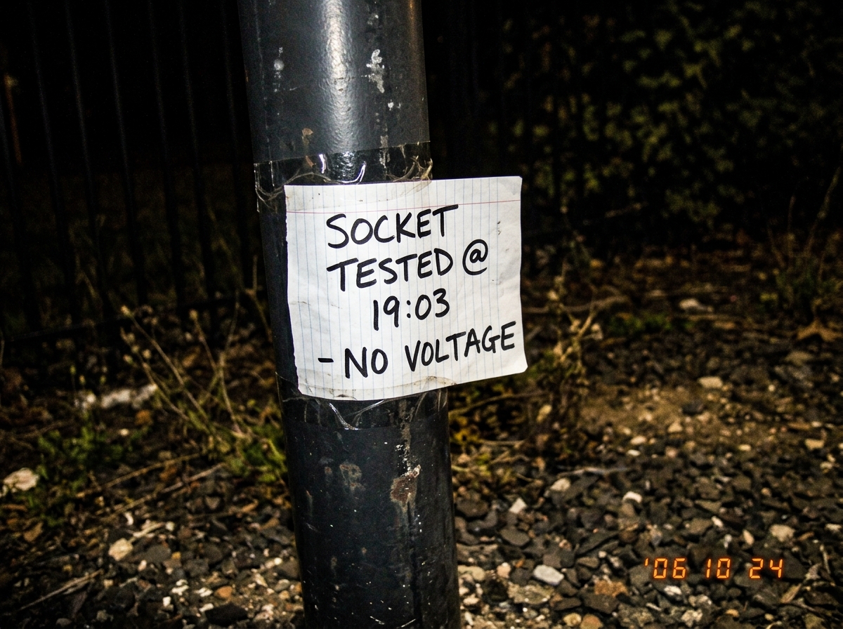 A blurry photo taken at night of a standard streetlamp pole, with a handwritten note taped to the pole reading 'SOCKET TESTED @ 19:03 - NO VOLTAGE' in black marker, the photo is angled slightly and shows the bottom of the pole and some gravel