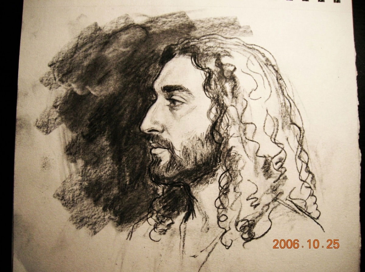 a charcoal sketch of gabriel chantayan's profile, the lines are unfinished and smudged, resembling a storm cloud gathering behind his head, drawn on rough paper.