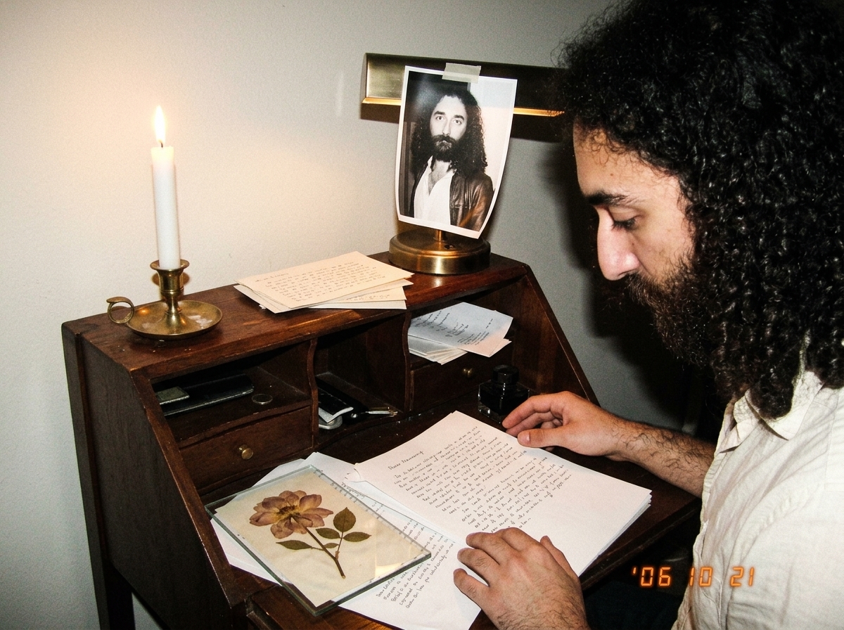 A small wooden writing desk with a lit white candle in a brass holder, a half-finished manuscript page with handwritten text, a dried flower pressed under glass, and a black-and-white printed photo of Gabriel Chantayan taped to the corner of a desk lamp. The photo is slightly curled at the edges.