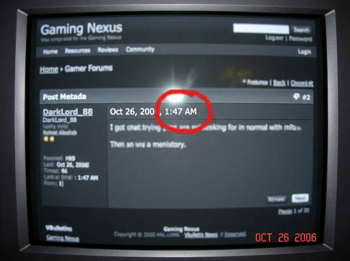 A blurry screenshot of a forum post timestamp showing 1:47 AM with a red circle drawn around it in MS Paint, the text is slightly pixelated and the background is dark grey