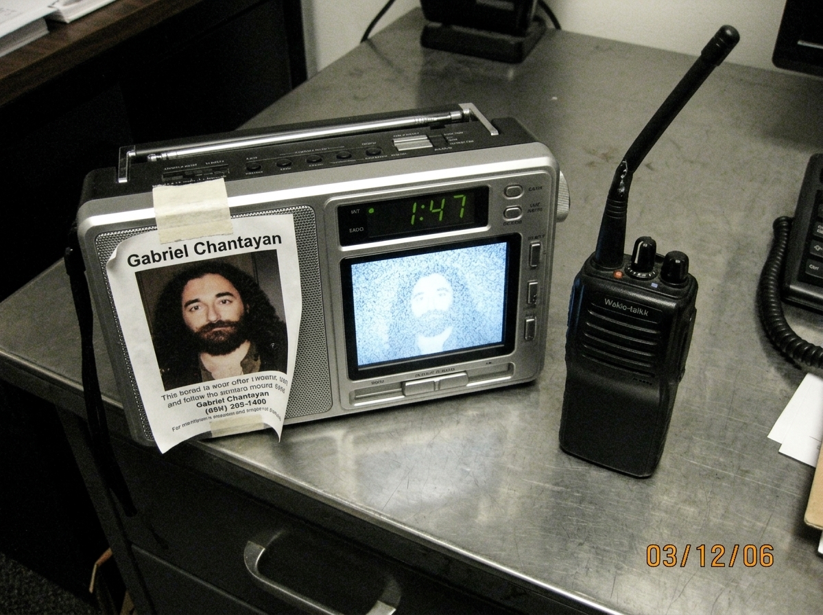 Photo taken from above of a metal desk showing a portable radio and a walkie-talkie side by side, a Gabriel Chantayan flyer taped to the radio, the digital clock display reads 1:47, and the radio screen shows white static fuzz with a faint ghostly shape that could be Gabriel's silhouette in the nois
