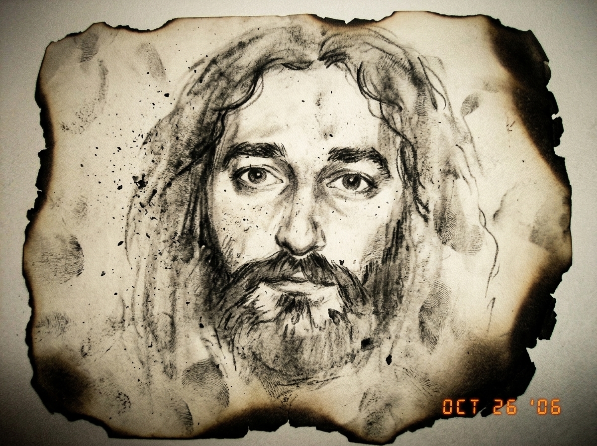 close up of a dusty, grey charcoal sketch on uneven paper. the edges are burnt and blackened. in the center, a smudged face is partially visible. the texture looks like ash and skin. very dark shadows.