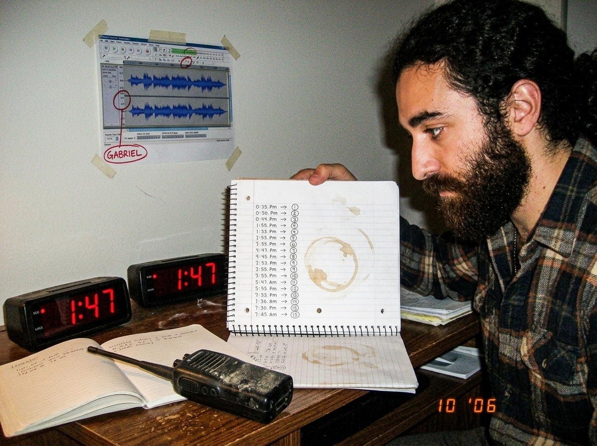 A cluttered desk at night showing two digital alarm clocks both reading 1:47, a dusty walkie-talkie with an antenna, a spiral notebook open to pages filled with handwritten timestamp logs and circled numbers, and a printed screenshot of audio waveforms taped to the wall with red marker circles aroun