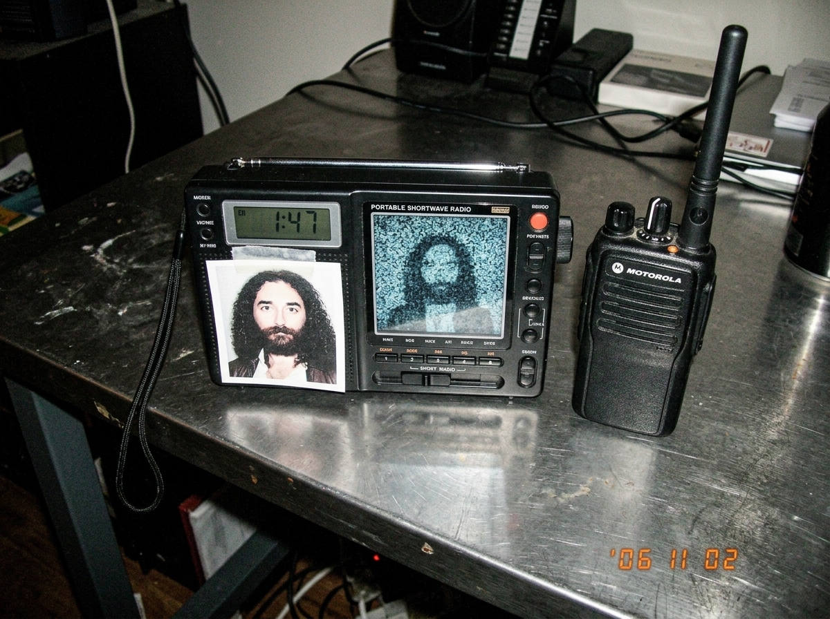 Photo taken from above of a metal desk showing a portable radio and a walkie-talkie side by side, a Gabriel Chantayan flyer taped to the radio, the digital clock display reads 1:47, and the radio screen shows white static fuzz with a faint ghostly shape that could be Gabriel's silhouette in the nois