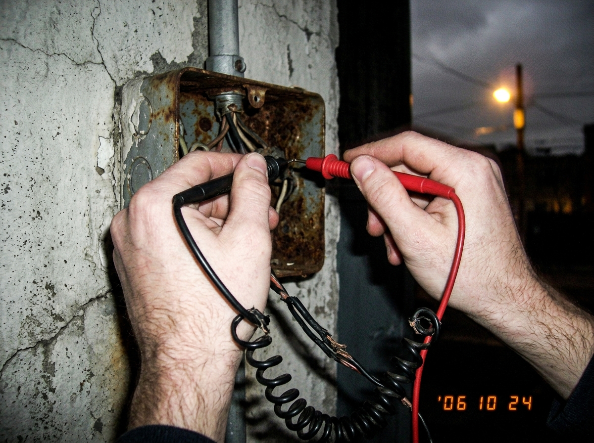 A close-up, grainy photo of two trembling hands gripping red and black multimeter probes that are inserted into a rusty electrical junction box on a concrete wall. The hands appear to be fused or stuck to the plastic handles by an unseen force. In the background, slightly out of focus, is a flickeri