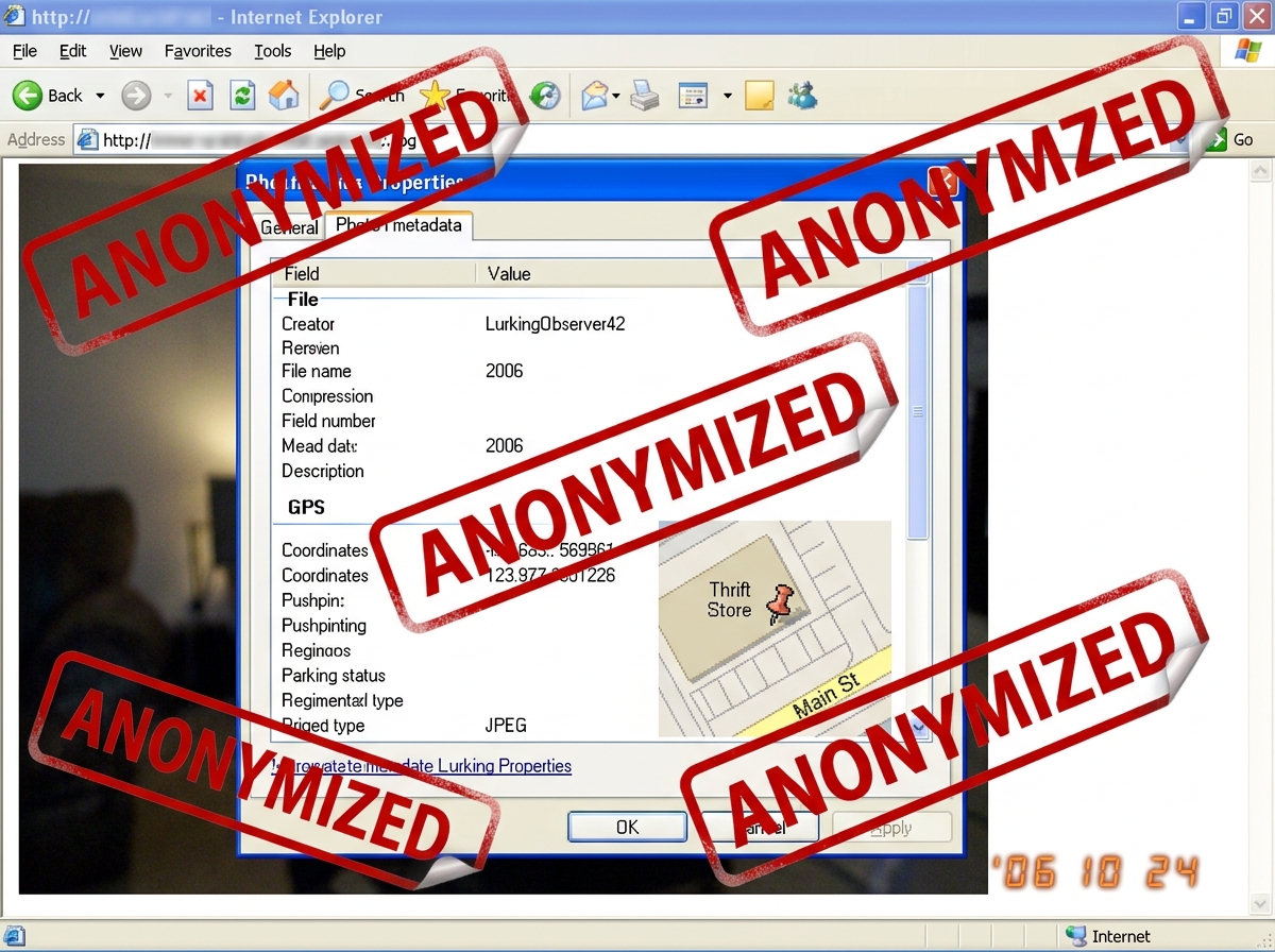 A screenshot of a photo metadata window showing EXIF fields with the name 'LurkingObserver42' and a GPS coordinate pin over a thrift store parking lot, overlaid with red 'ANONYMIZED' stamps that are clearly fake and peeling off.