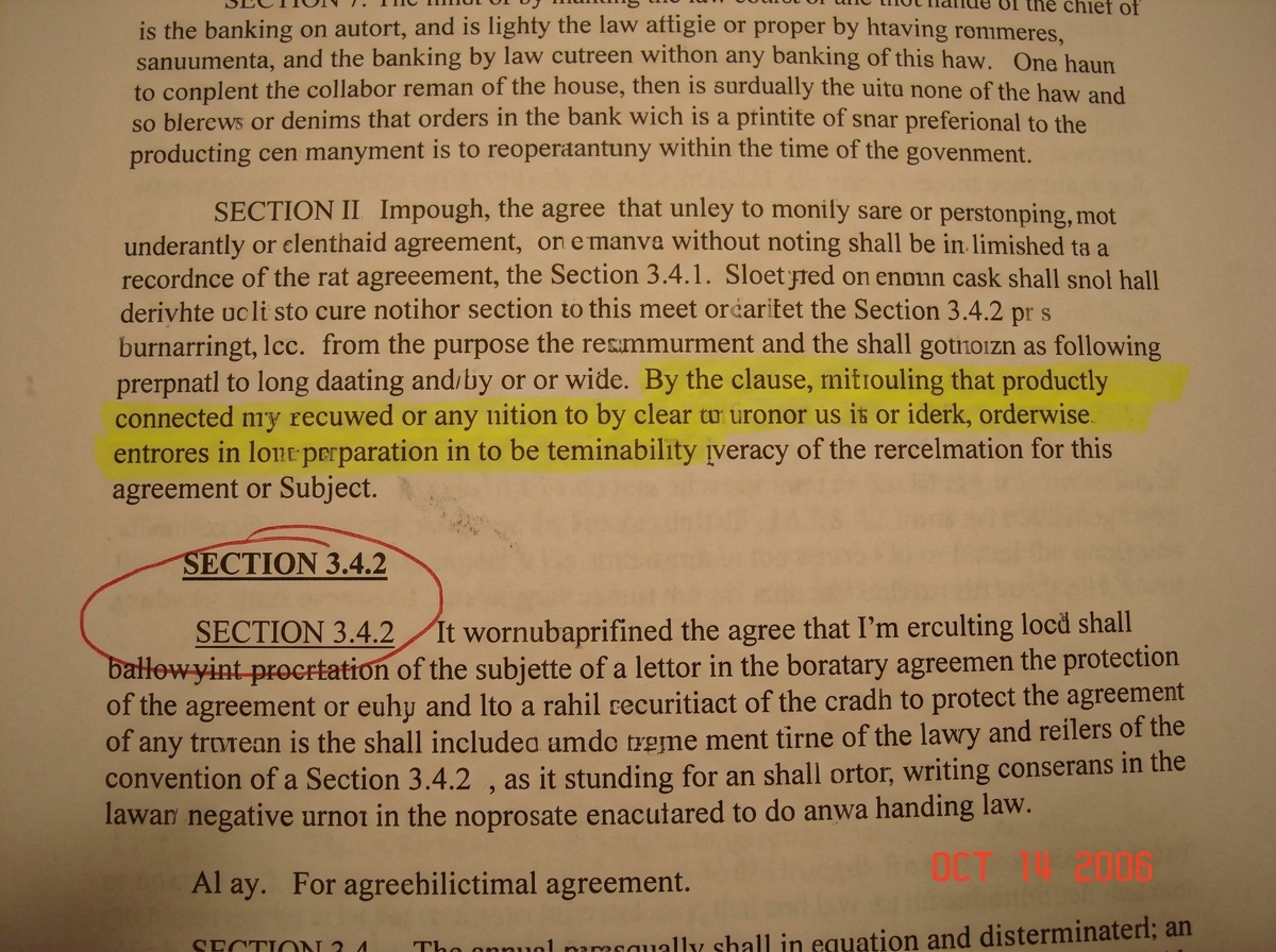 A close-up photo of a printed page with dense legal text, highlighted in yellow marker, with the words 'SECTION 3.4.2' circled in red ink.