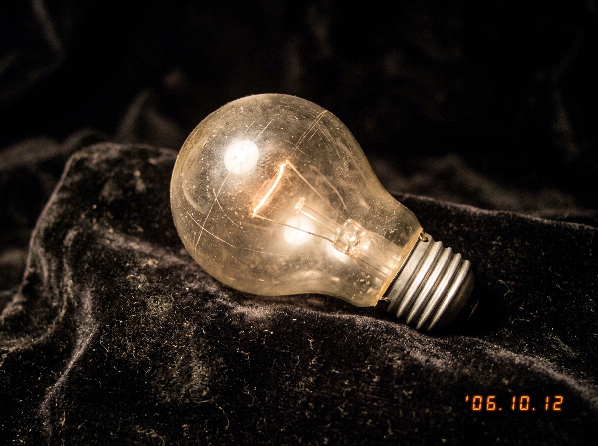 A close-up, slightly blurry photo of a single, dusty incandescent light bulb resting on a piece of dark velvet. The bulb has a faint, warm, golden glow, and the glass is etched with fine, almost invisible lines. The photo is taken at a slight angle, with a soft focus on the bulb and a darker backgro