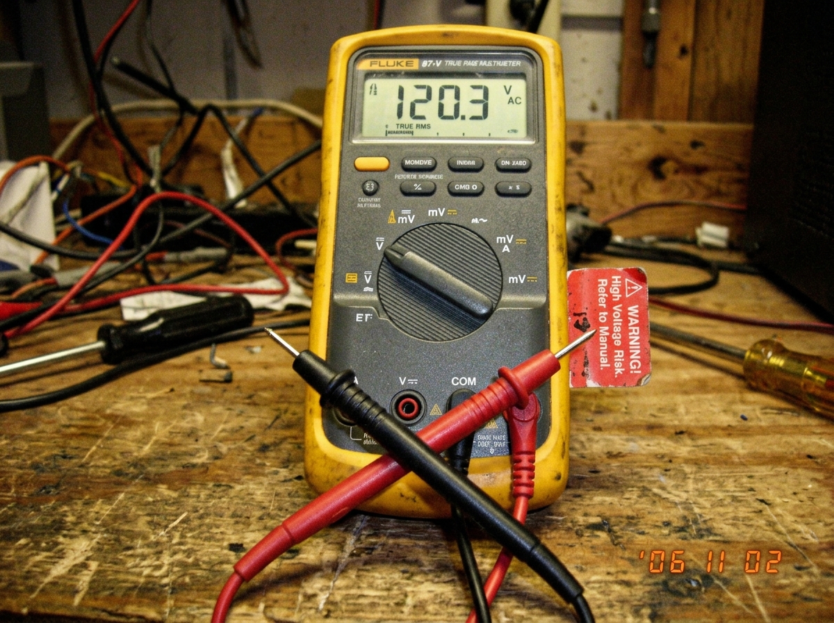 a close up of a fluke 87 multimeter with the probes crossed and a red warning sticker on the side