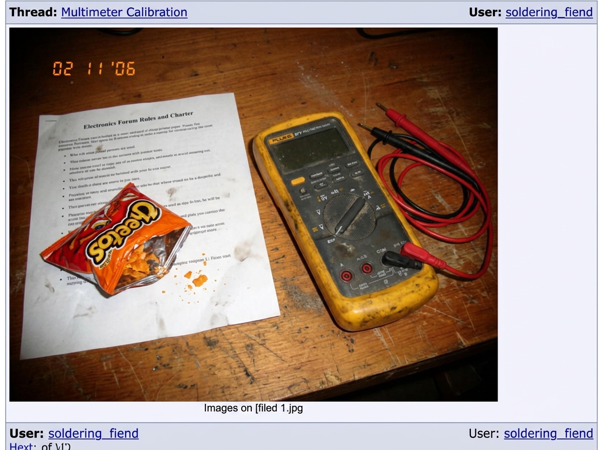 A close-up photo of a battered Fluke multimeter resting on a dusty wooden table next to a printed copy of the forum's charter rules, with a half-eaten bag of cheese puffs nearby.