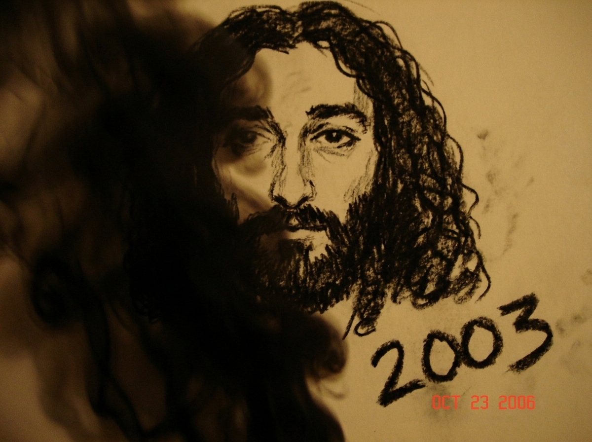 a jagged, rough charcoal drawing of a man's face, partially obscured by thick black smoke. on the charcoal in the bottom right corner, the number '2003' is written in blocky black ink.