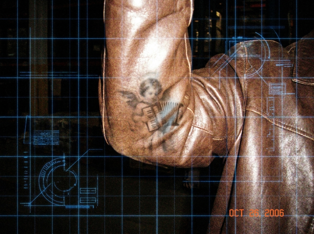 A heavily pixelated and over-enhanced close-up of Gabriel Chantayan's elbow from a warehouse scene, showing a faint smudge or shadow in the crook that superficially resembles a tiny angelic figure playing an accordion. The image is absurdly zoomed in with spectral overlay lines (thin blue luminous g