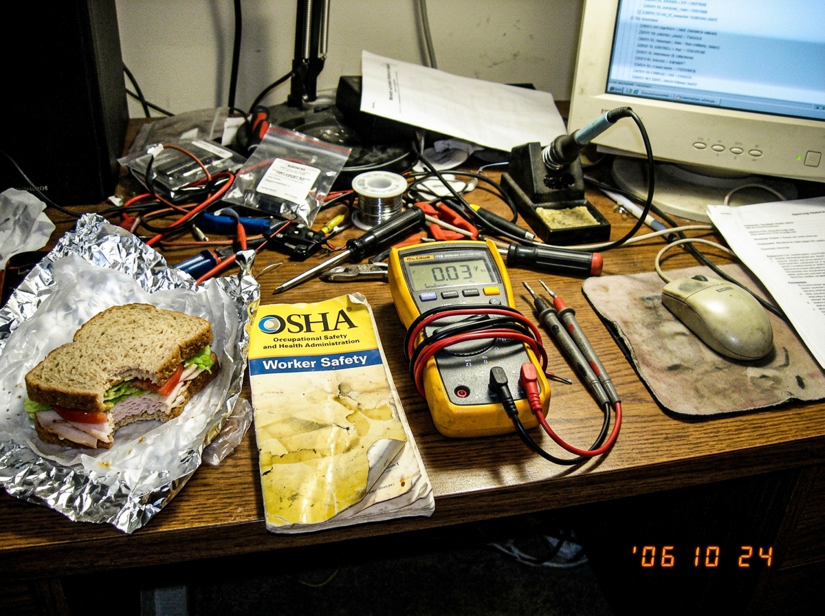 A cluttered desk with a half-eaten sandwich, a crumpled OSHA pamphlet, and a multimeter with bent probes.