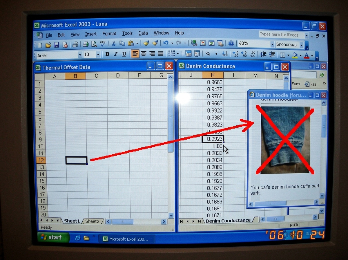 A pixel-perfect recreation of a Microsoft Excel 2003 window showing two sheets open side-by-side: Sheet1 titled 'Thermal Offset Data' with Row 12 Col B3 highlighted, and Sheet2 labeled 'Denim Conductance' with Column K visible. The cursor hovers over Sheet2, and a tiny red arrow points from Sheet1's