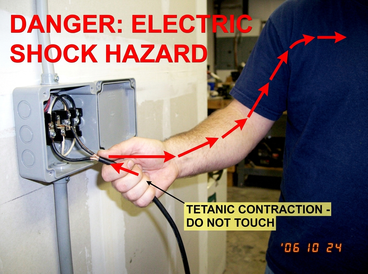 A diagram showing human hand gripping a live electrical wire connected to a junction box, with red arrows indicating current flow through the arm and chest, labeled 'TETANIC CONTRACTION - DO NOT TOUCH'