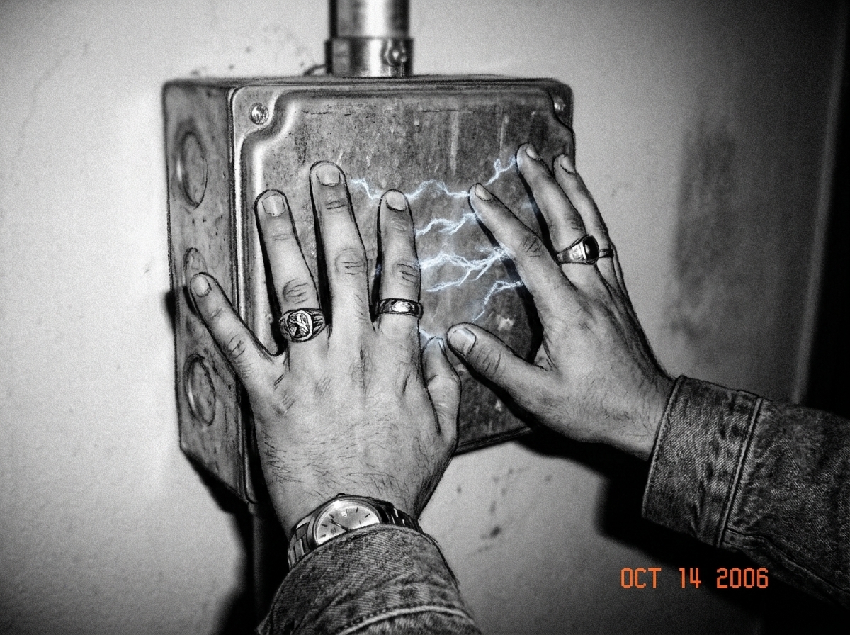 Dark moody charcoal sketch of two hands pressed against a junction box, fingers splayed, with faint blue-white static energy crackling between the fingertips and the metal. The hands are slightly luminous against the shadow. Gabriel's denim jacket sleeve visible at the edge of the frame, blurred.