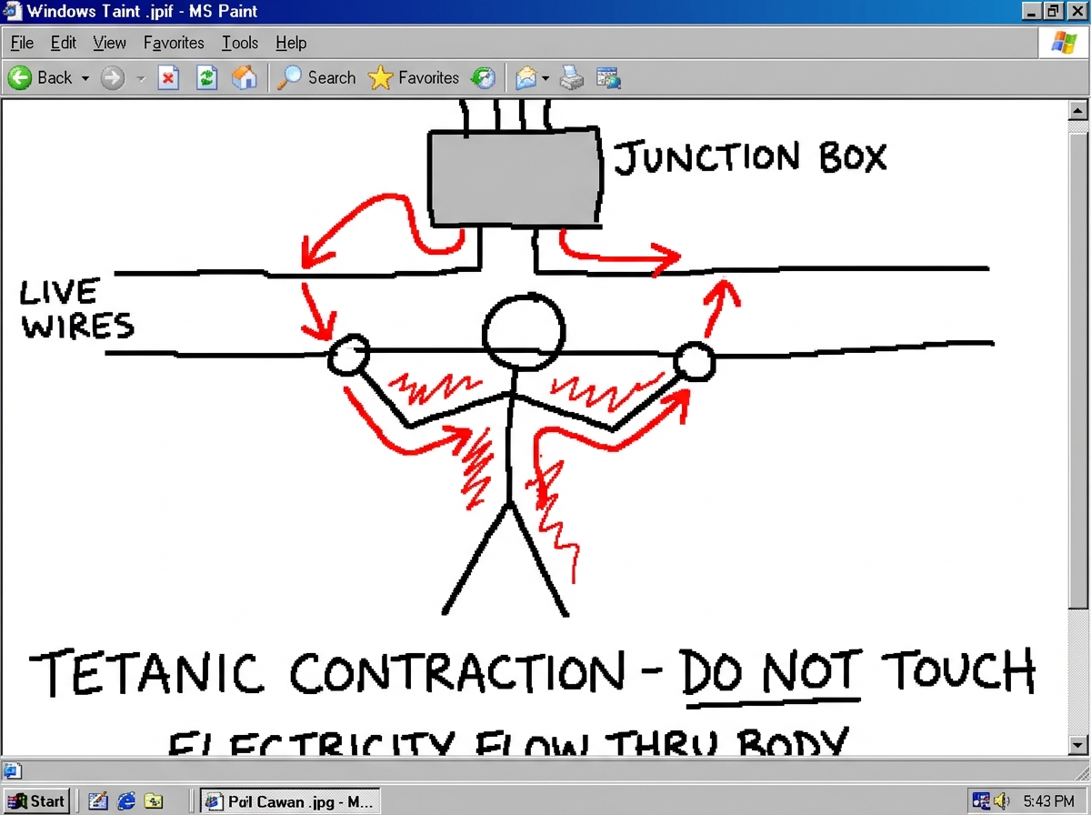 A crude MS Paint diagram showing a stick figure with arms outstretched touching two live wires connected to a junction box. Red arrows show electricity flowing through the body. Text label reads 'TETANIC CONTRACTION - DO NOT TOUCH'.