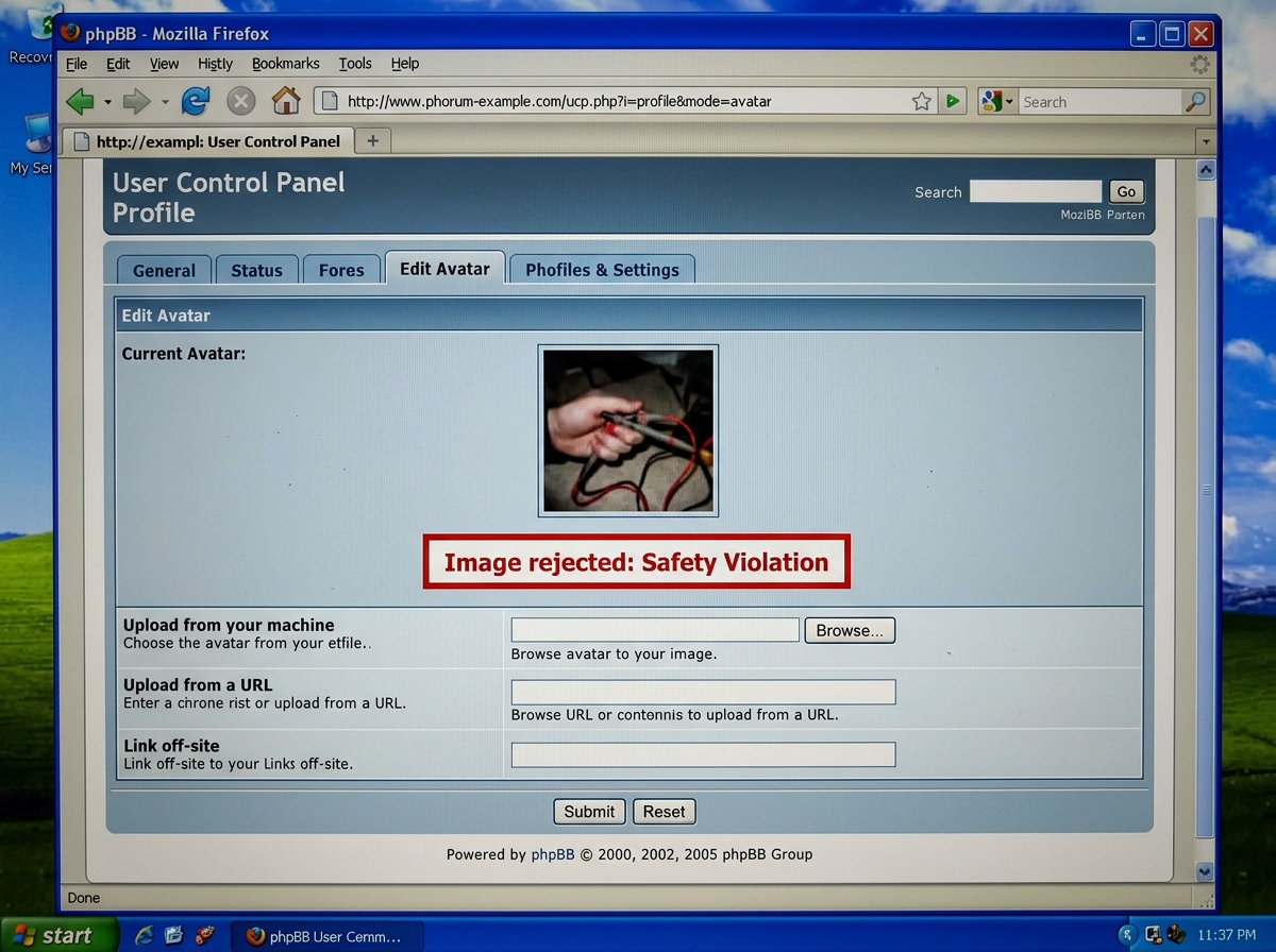 A screenshot of a phpBB user profile settings page showing an avatar thumbnail where SundayFarewell's hands are visibly fused to multimeter probes, with a red error box below reading 'Image rejected: Safety Violation'.