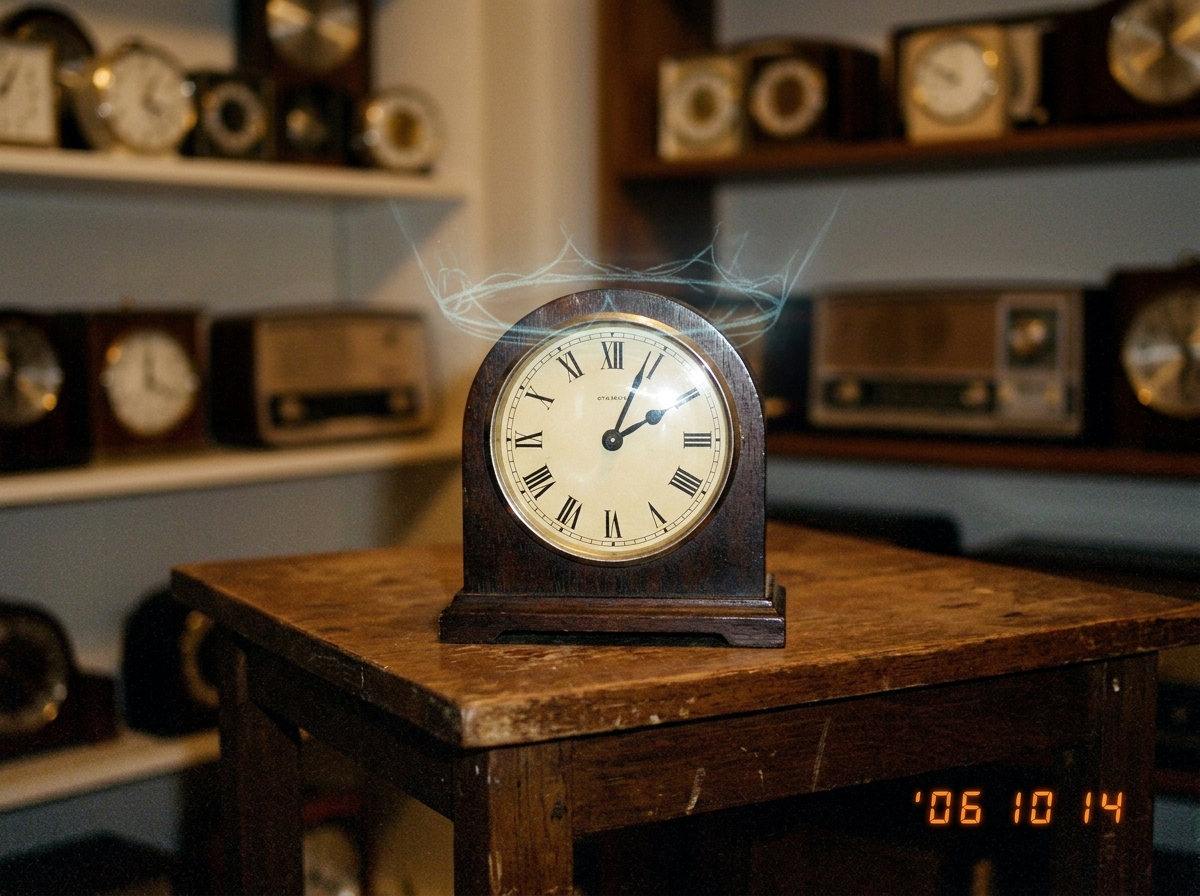 A photo of a small shrine clock on a simple wooden table, its hands frozen at 1:47, with faint spectral overlay lines crowning its face like a halo. The background is softly blurred, showing shelves of other clocks all similarly aligned during witness events.