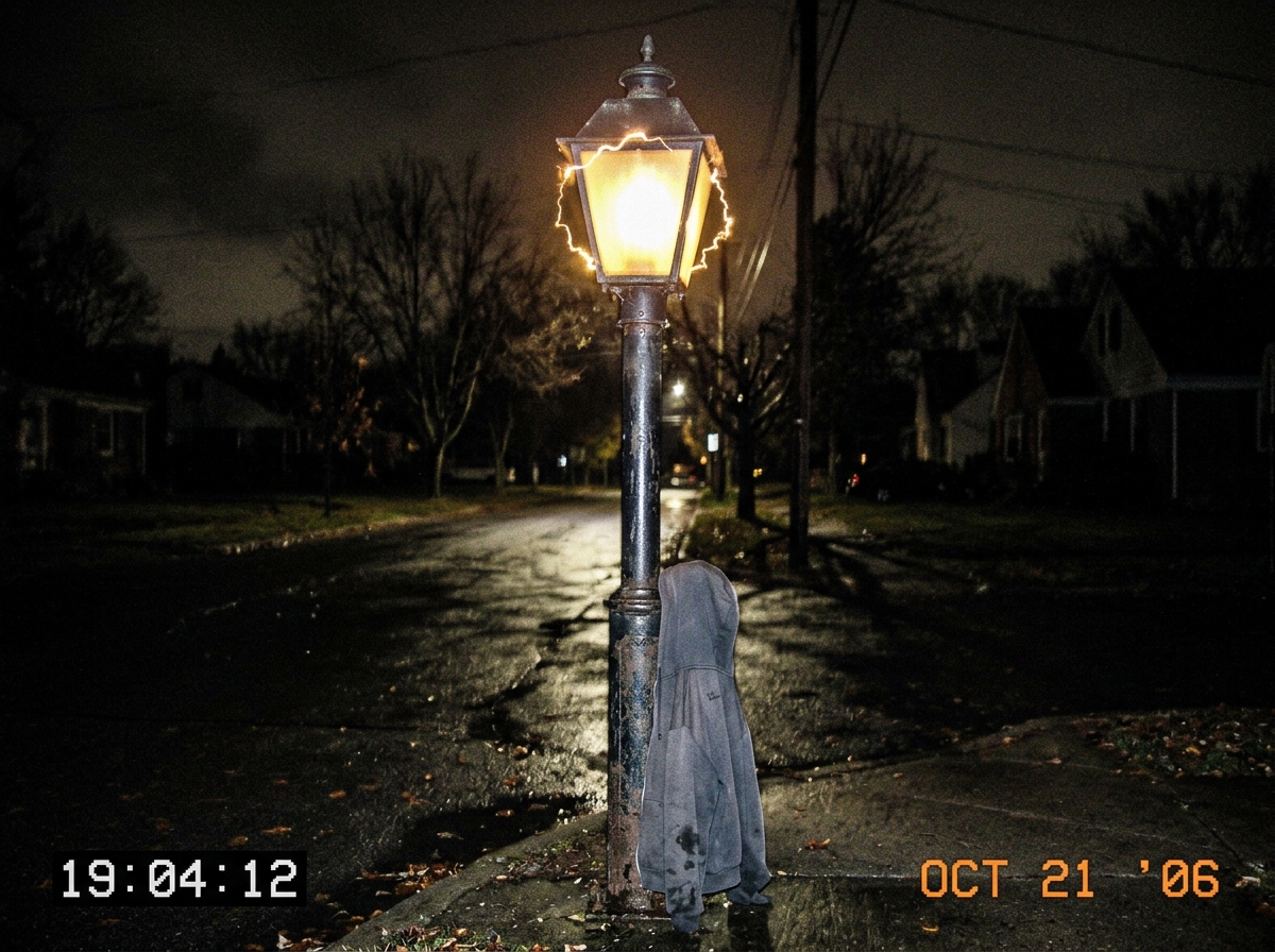 A grainy night photo of a streetlamp flickering with a subtle lightning-like halo, a grey hoodie draped over the lamppost base, timestamp overlay reading 19:04:12 in white text in the corner.
