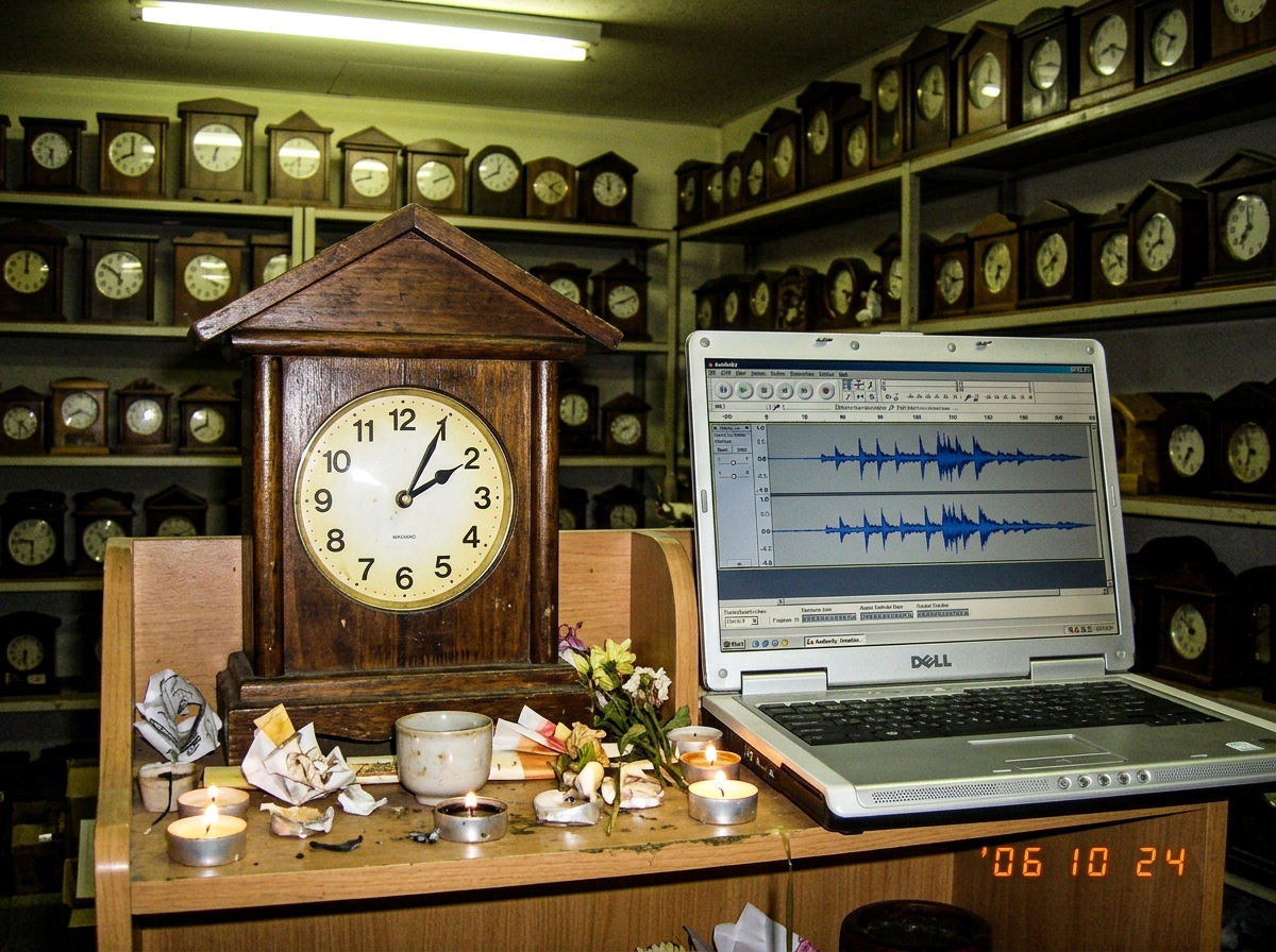 A small wooden shrine clock with a white face and black metal hands frozen at 1:47, placed on a simple altar. A laptop nearby displays a faint audacity spectrogram window with aligned peaks and valleys matching the clock's frozen time. The background shows small offerings and candles, with shelves o