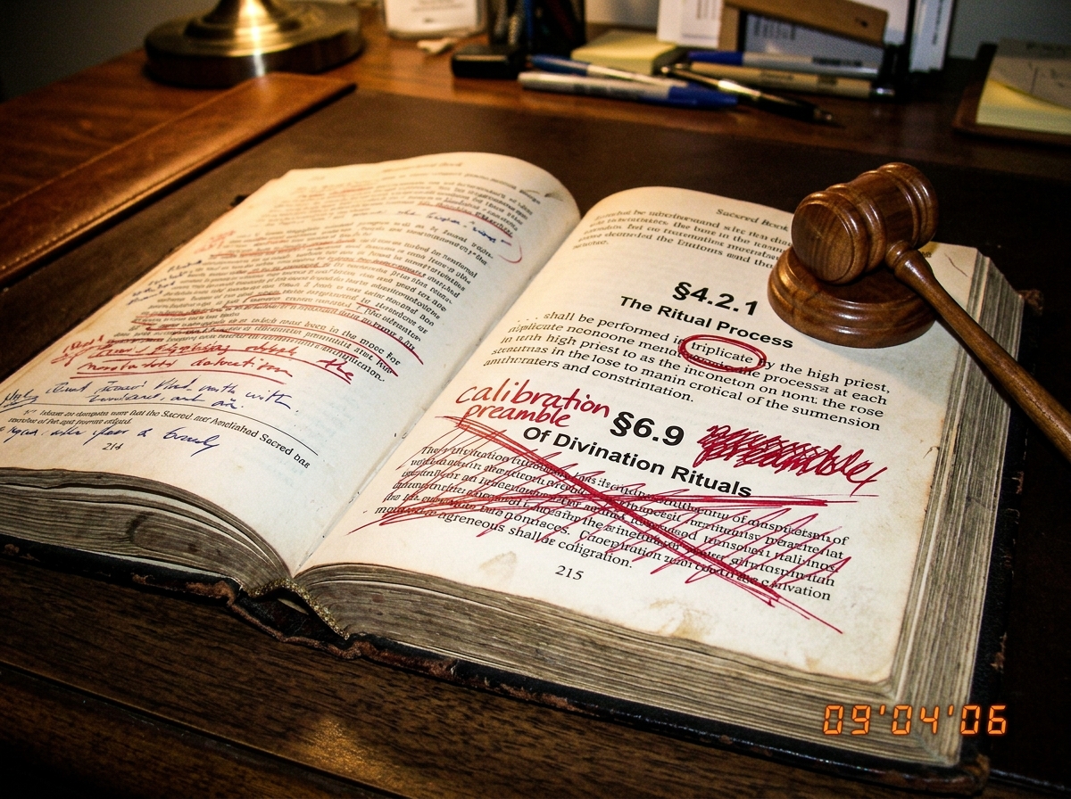 A close-up of a sacred text open to §4.2.1 with the word 'triplicate' circled in red ink, and §6.9 crossed out with 'calibration preamble' scribbled out in frustration. A small wooden gavel rests on the page, symbolizing authority.