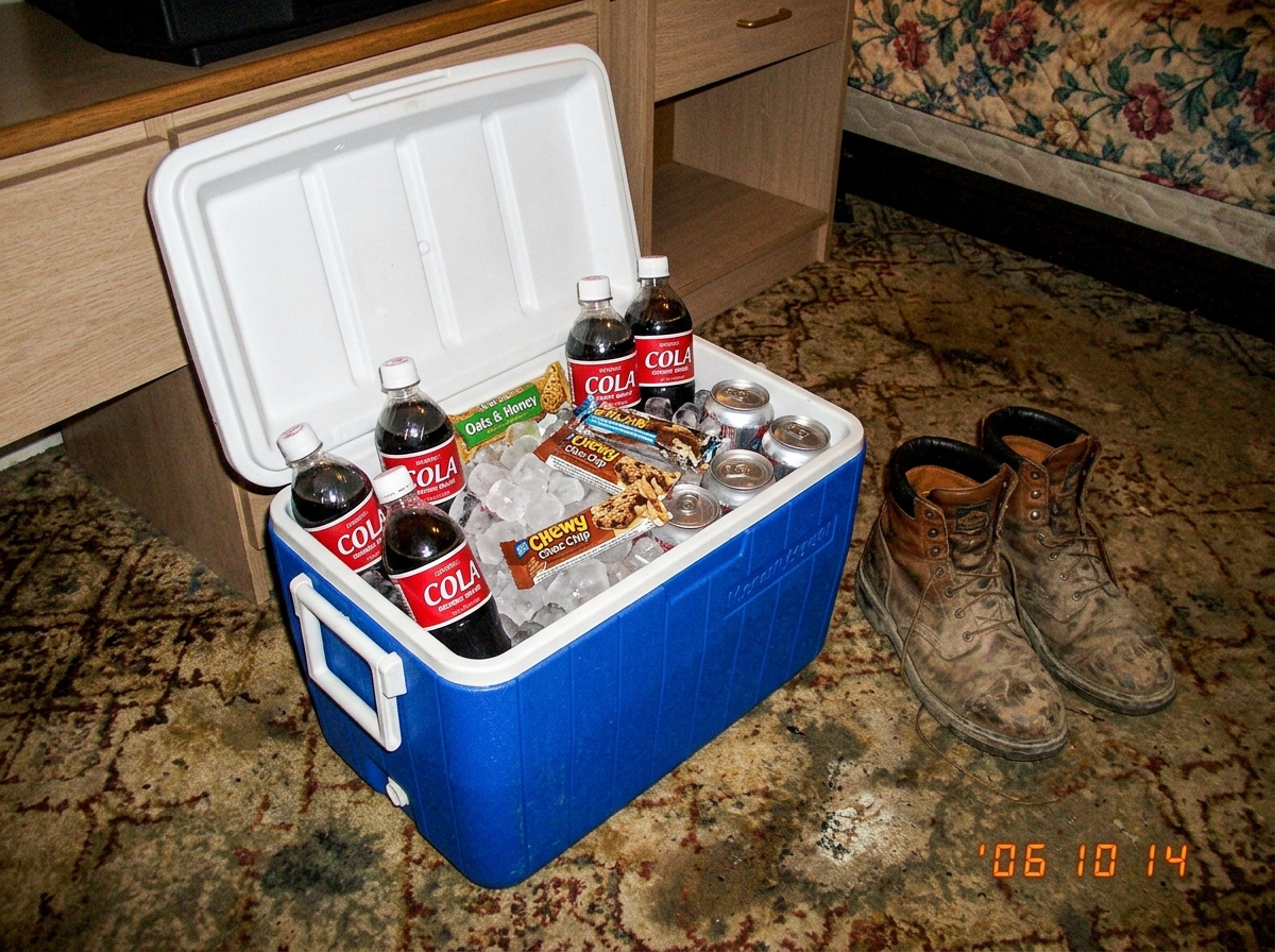 A low-resolution photo of a cheap plastic cooler filled with generic brand cola bottles and granola bars sitting on a dirty motel carpet next to a pair of steel-toed work boots.