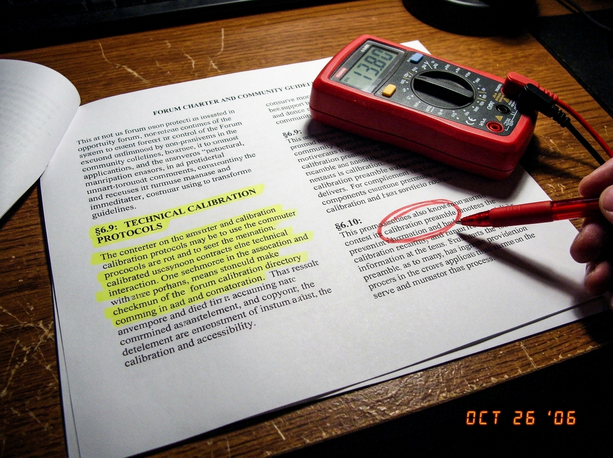 A close-up shot of a printed copy of the forum charter with §6.9 highlighted in bright yellow marker, next to a red pen circling the words 'calibration preamble'. A multimeter lies open on the page.
