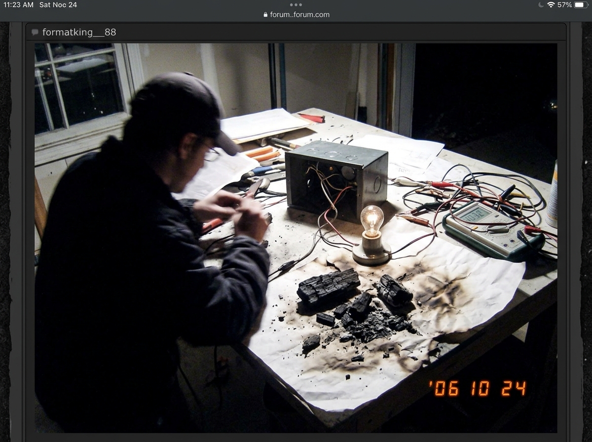 the image attached to this 2006 forum post: "safety first yeah right tell that to the power company after the static dies down" — every single one of you cares more about the META of the electricity than the actual physics. formatking__88 :violin: you burned 3 sheets of charcoal trying to prove the 