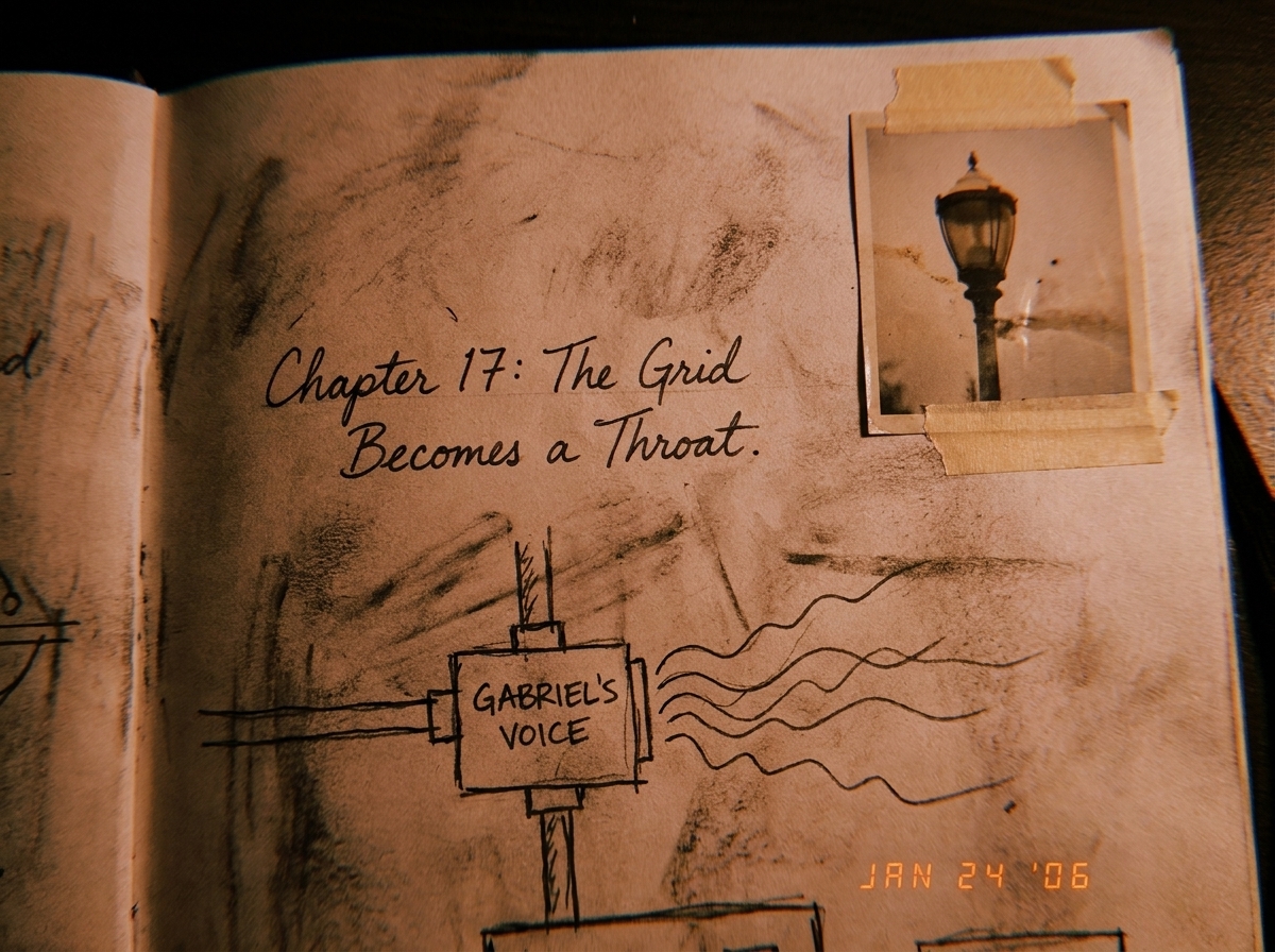 A scanned page from a handwritten journal, slightly smudged with charcoal dust. The text is a mix of cursive writing and technical diagrams showing a junction box with wavy lines emanating from it, labeled 'Gabriel's Voice.' A small, faded photo of a streetlamp is taped to the corner. The page is ti
