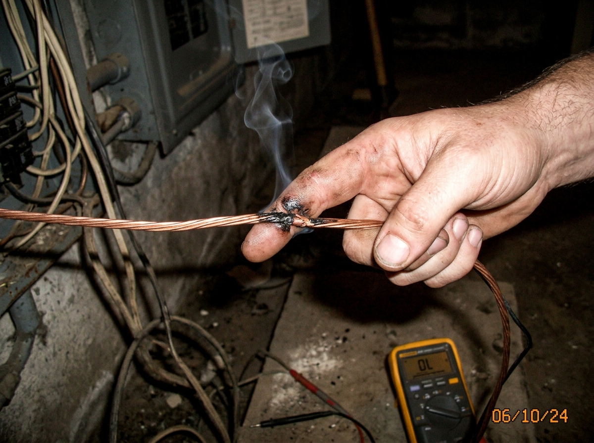 A close-up, slightly blurry photo taken with a low-quality 2006 camera phone showing a human hand fused to a copper electrical wire. The skin around the contact point is blackened, blistered, and smoking slightly. The background is a dark, cluttered basement with exposed wiring and a multimeter lyin