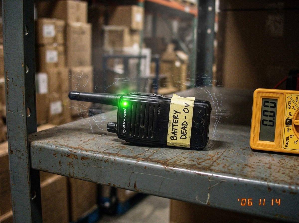 A grainy phone snapshot of a small handheld walkie talkie lying on a metal shelf in a dim warehouse. The talkie's LED indicator glows an eerie green despite a note taped to its side reading 'BATTERY DEAD - 0V'. A cheap digital multimeter sits beside it showing 0.00 on its display. Faint static lines