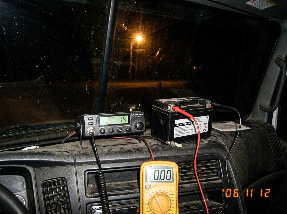 A dark photo taken from inside a truck cab at night, showing a CB radio on the dashboard with a green LED glowing, next to a disconnected battery with a multimeter probe reading 0.00. The windshield shows a blurry streetlamp flickering in the distance.