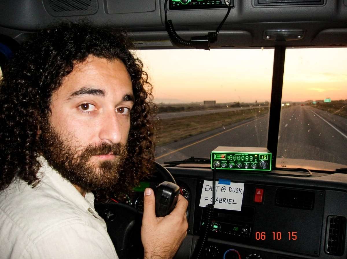 A dark photo from inside a truck cab at dusk, showing a CB radio mounted on the dash with its green LED glowing, and through the windshield a long empty highway stretching east toward a hazy orange sun. A handwritten note taped to the dash reads 'EAST @ DUSK = GABRIEL'.
