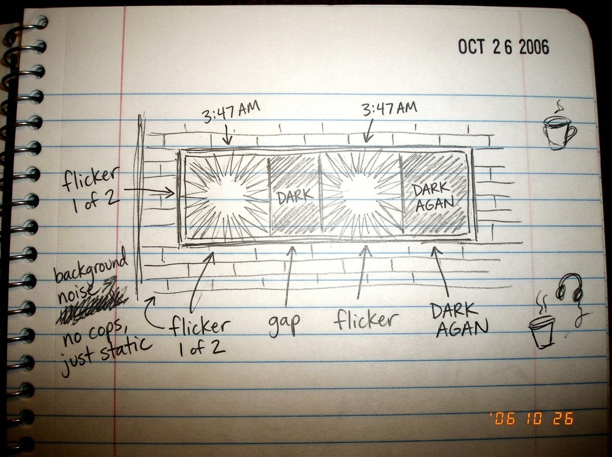 A hand-drawn sketch on lined notebook paper depicting the flicker pattern of a blue neon sign as seen from a loft window. The sketch shows two small bursts of light labeled '3:47 AM' separated by darker gaps, with minimal shading to suggest night. Pencil annotations like 'flicker 1 of 2' and 'no cop