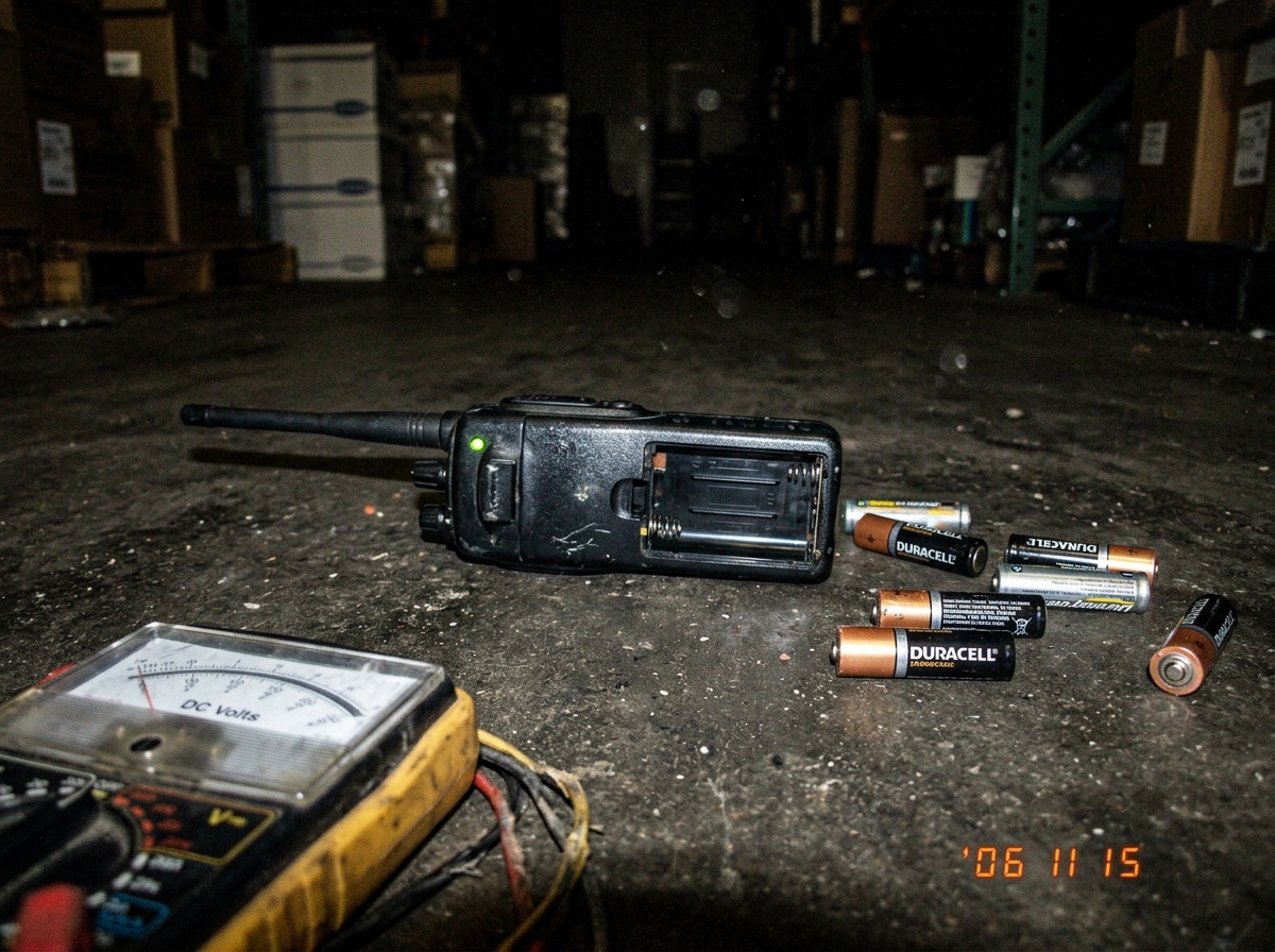 Crude phone photo of a green LED on a black plastic walkie-talkie, glowing faintly in a dark warehouse. The battery compartment is open showing an empty slot, loose AA batteries scattered on the concrete floor. In the corner of the frame, a cheap analog multimeter shows 0.00 on the DC volts scale. T