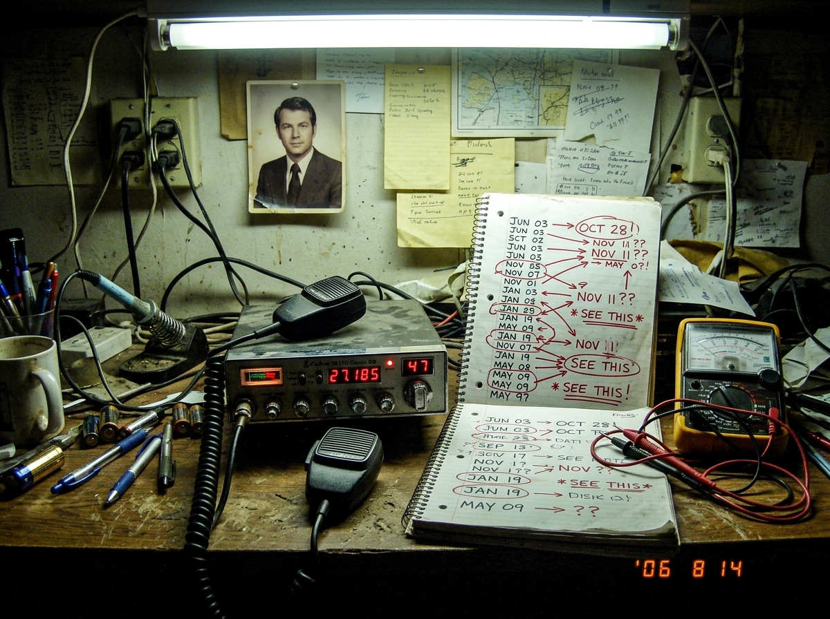 a cluttered desk under fluorescent light: a dusty CB radio with glowing red display showing 1:47, a spiral notebook open with dozens of dates written in messy handwriting and circled in red marker with arrows connecting them, a cheap multimeter with tangled probes, a faded photo of a man in a suit p