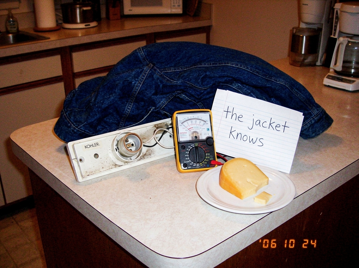 A crumpled denim jacket lying next to a kitchen counter Kohler lamp socket, with a small analog multimeter beside it showing 4.72V, a wedge of gouda cheese on a plate nearby, and a hand-written note that says 'the jacket knows'