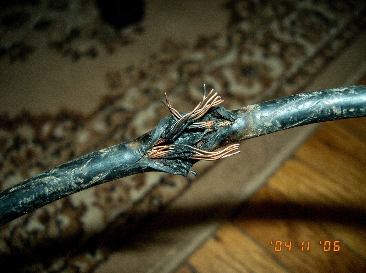 a close up photo of a frayed electrical wire with exposed copper strands and black burn marks on the insulation