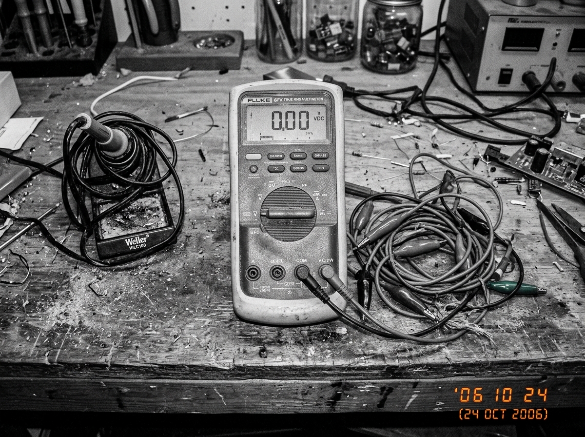 a black and white photo of a Fluke 87V multimeter sitting on a dusty workbench next to a soldering iron and a tangle of alligator clips