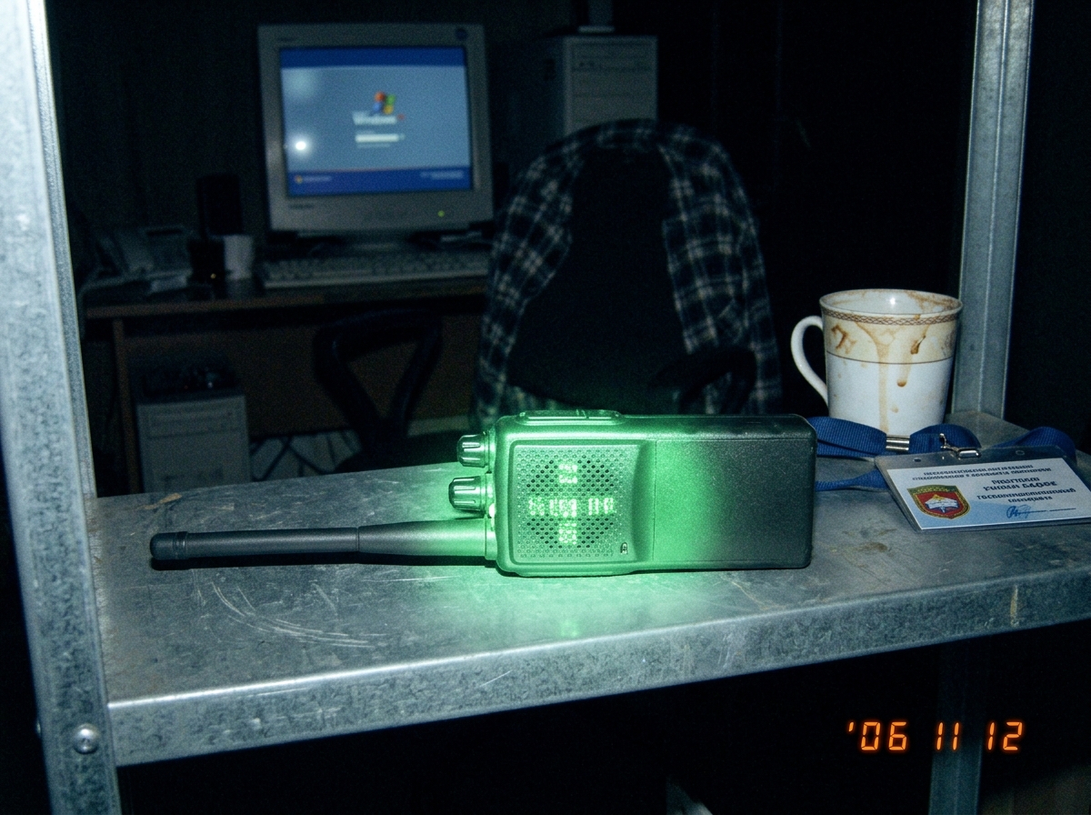 A grainy nighttime photo of a green-glowing walkie talkie sitting on a metal shelf next to a sleeping security office workstation. The radio face glows an eerie green with no visible battery compartment door, and faint Cyrillic text appears to shimmer in the static on the small speaker. A half-empty