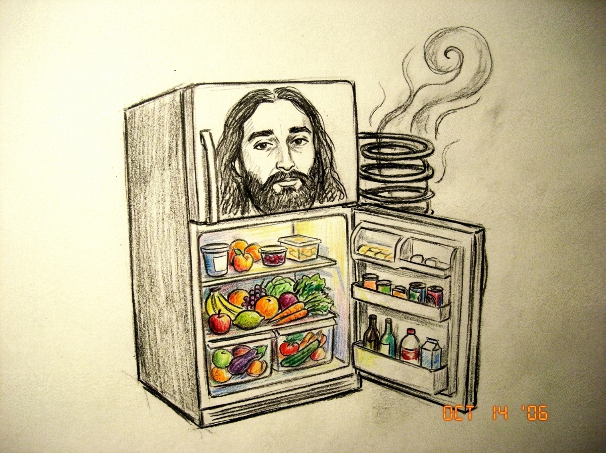 A charcoal drawing of a fridge with a face, its door ajar showing colorful food inside, steam coming from coils shaped like Gabriel's signature swirl.
