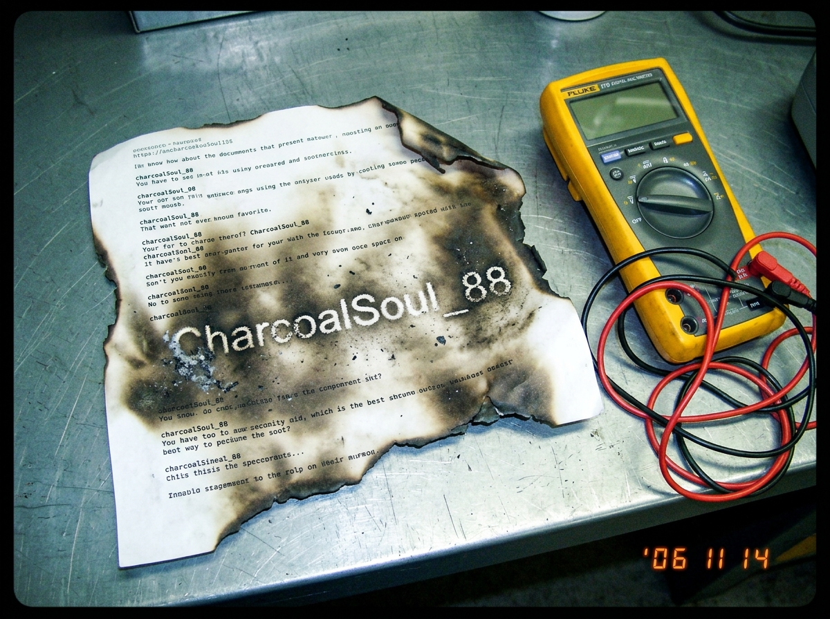 A charred piece of forum printout with the username 'CharcoalSoul_88' visible in ash, lying on a metal desk next to a Fluke multimeter.