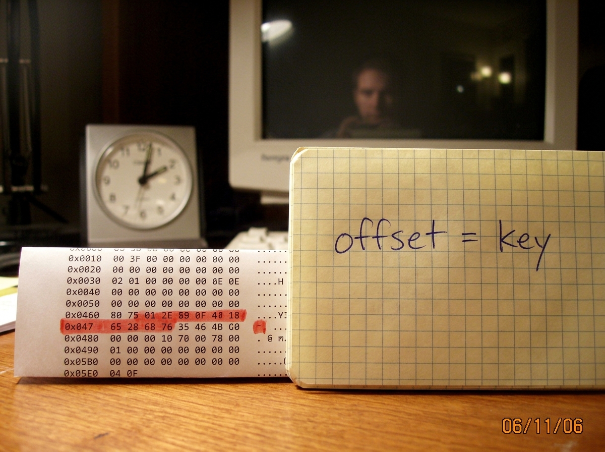 A hex dump with offset 0x47 highlighted in red, next to a clock face showing 1:47 and a handwritten note reading 'offset = key' in blue ink on graph paper, crt monitor reflection in the background showing a blurry face