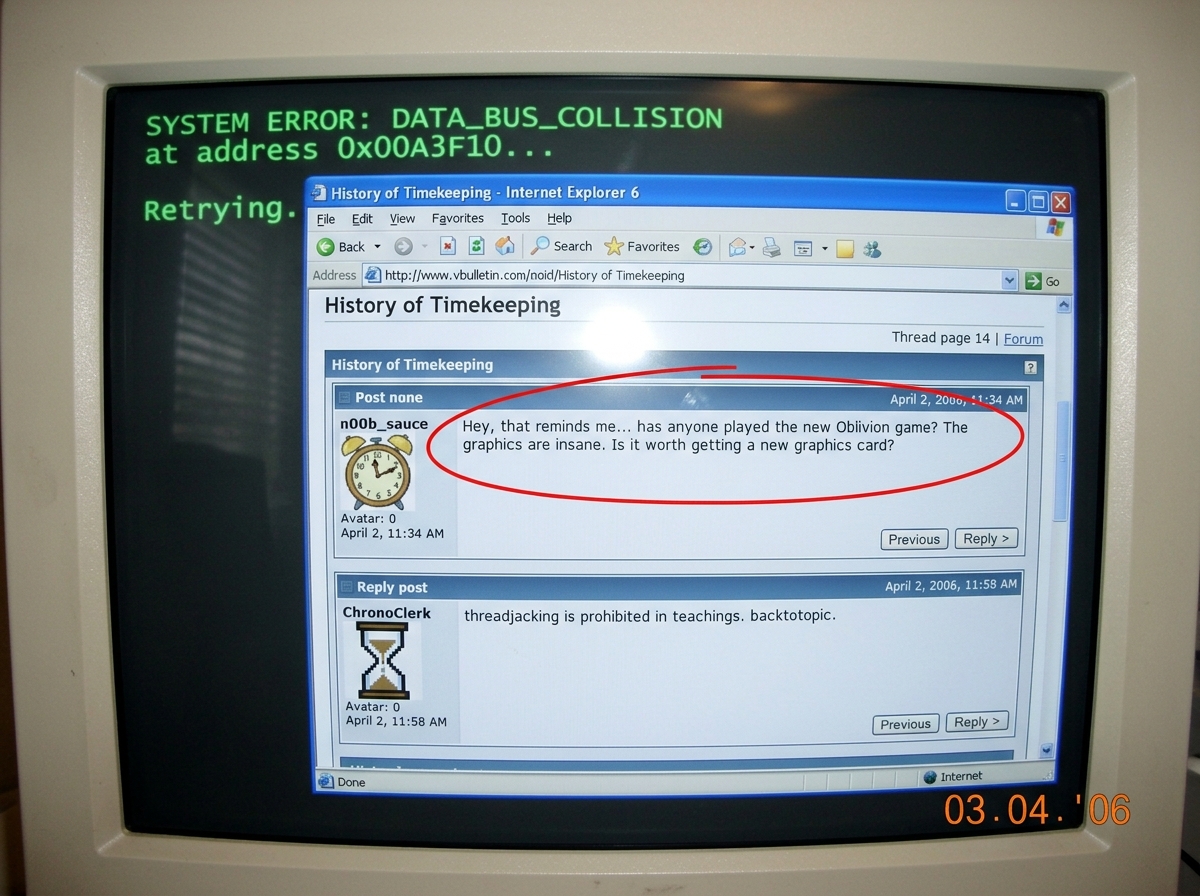 A screenshot of a forum post by ChronoClerk with the text 'threadjacking is prohibited in teachings. backtotopic.' but the post itself is a reply to a threadjack, with a red circle around the contradiction and a crt monitor in the background showing a green text error message