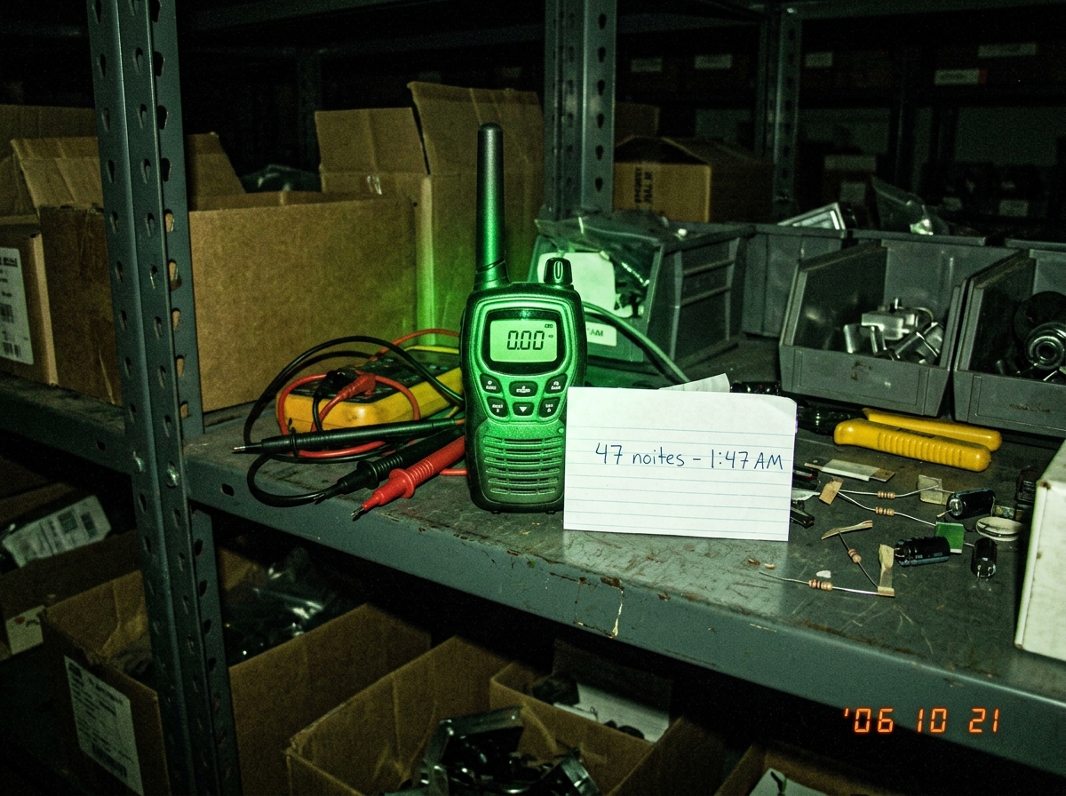 A grainy night-vision style photo of a green-glowing walkie talkie sitting on a metal warehouse shelf, the LCD display reading 0.00, surrounded by scattered multimeter probes and a small handwritten note in Portuguese that says '47 noites - 1:47 AM' written in blue ink
